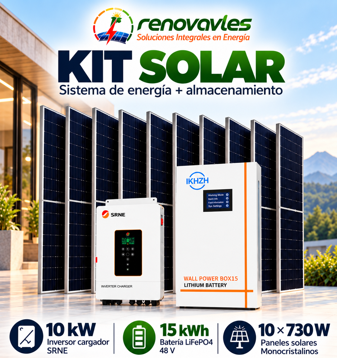 Kit Solar 7,30 kWp KHE – Inversor Cargador SRNE 10 kW + Batería LiFePO4 15 kWh